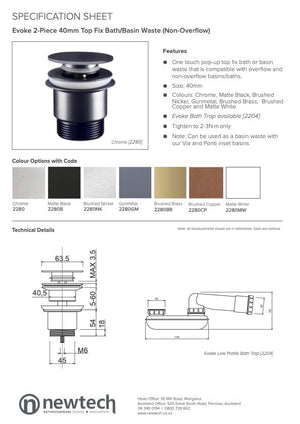 Newtech Pop Up Waste Newtech Evoke 2-Piece Top Fix Bath Waste No Overflow 40mm | Brushed Brass