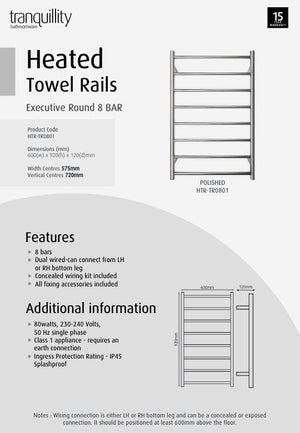 Tranquillity Heated Towel Ladder Tranquillity Executive Round Heated Towel Ladder 920mm | Polished Stainless