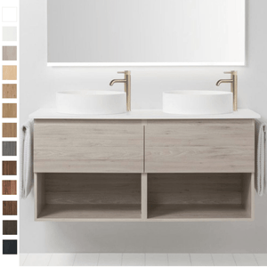 Bath Co Vanity VCBC Soft Solid Surface 1300 Wall Vanity | 2 Basins, 2 Drawers + Shelves