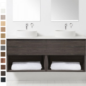 VCBC Soft Solid Surface 1550 Wall Vanity | 2 Basins, 2 Drawers + Shelves