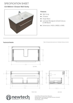 Newtech Newtech Citi 900mm | 1 Drawer Wall Vanity