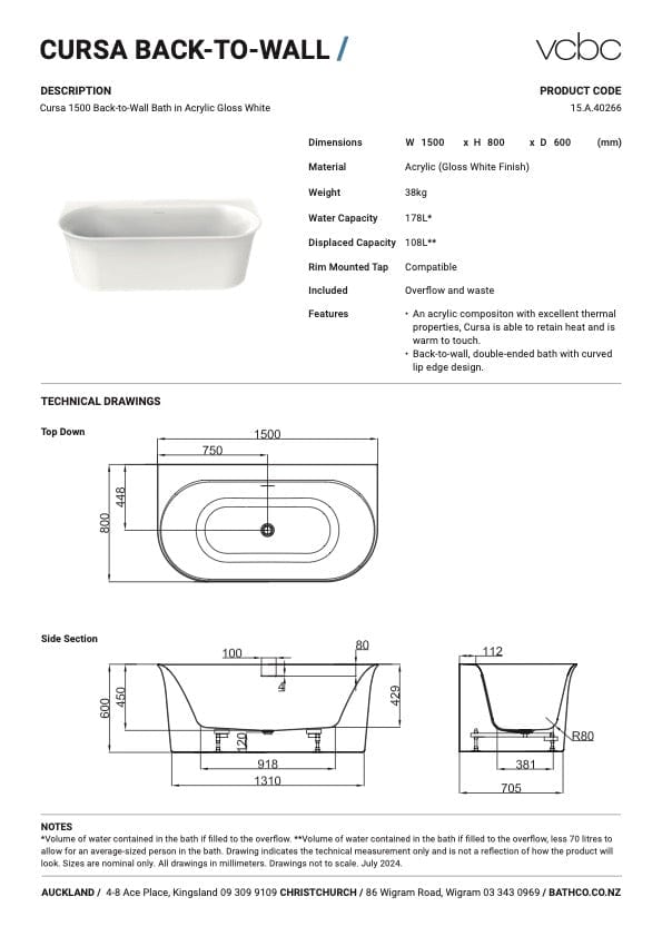 Bath Co Bath VCBC Cursa Back To Wall Bath