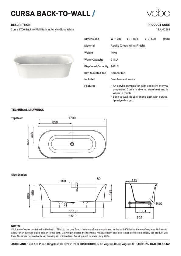 Bath Co Bath VCBC Cursa Back To Wall Bath