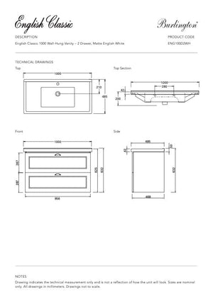 Bath & Co Vanity Burlington English Classic 1000 Wall  Vanity | 1 Basin + 2 Drawers