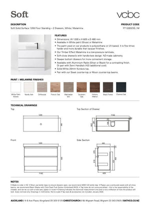 Bath & Co Vanity VCBC Soft Solid Surface 1200 Floor Vanity | 1 Basin + 2 Drawers