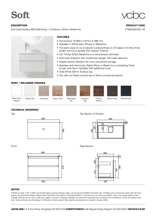 Bath Co Vanity VCBC Soft Solid Surface 900 Wall Vanity | 1 Basin + 2 Drawers