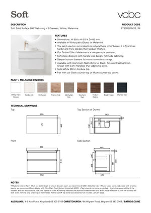 Bath Co Vanity VCBC Soft Solid Surface 900 Wall Vanity | 1 Basin + 2 Drawers