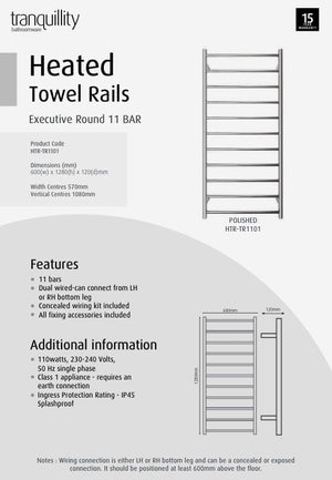 Tranquillity Heated Towel Ladder Tranquillity Executive Round Heated Towel Ladder 1280 x 600mm | Polished Stainless