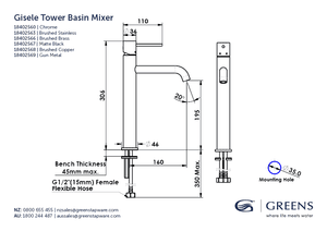 Greens Basin Tap Greens Gisele Tower Basin Mixer | Brushed Stainless