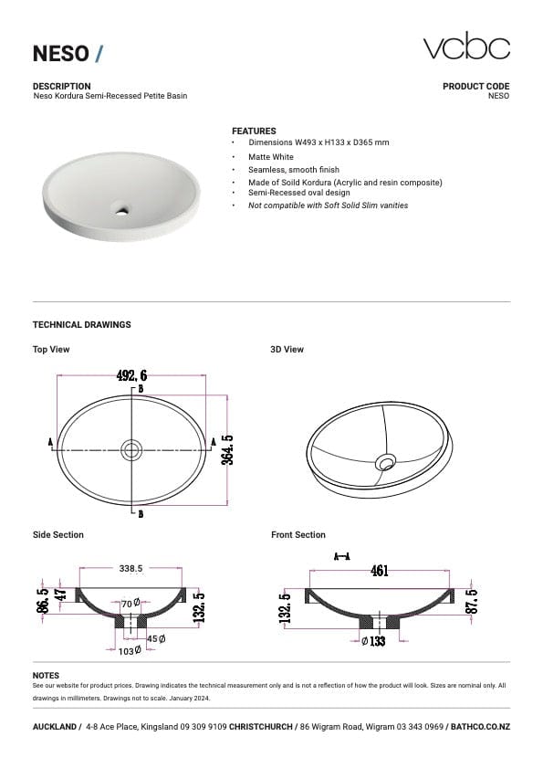 Bath Co Basin Neso Kordura Semi-Recessed Basin