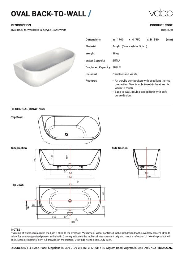 Bath Co Bath VCBC Oval Back To Wall Bath