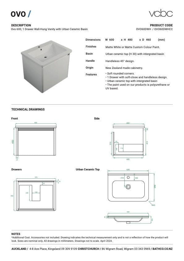 Bath & Co Vanity VCBC Ovo Vanity | 1 Drawer | Ceramic Basin