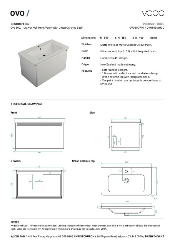 Bath & Co Vanity VCBC Ovo Vanity | 1 Drawer | Ceramic Basin