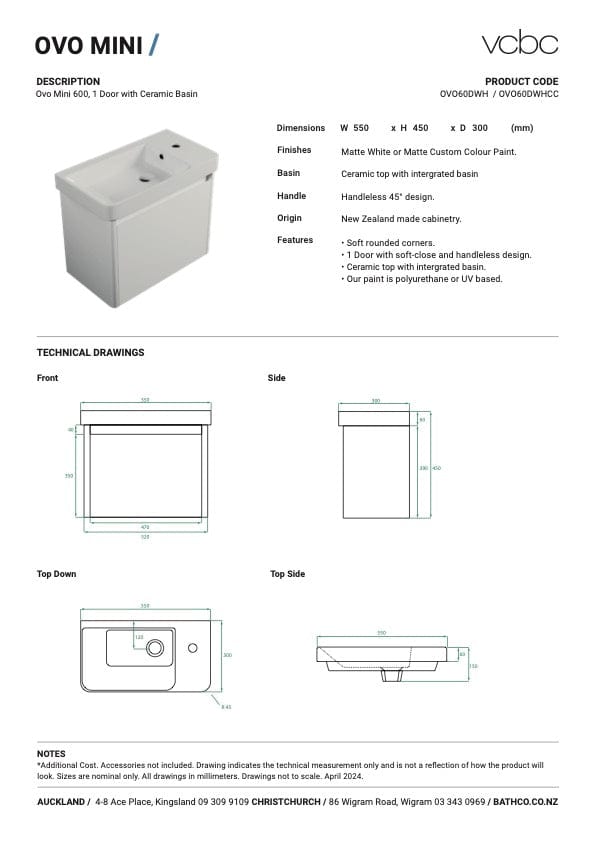 Bath Co Vanity VCBC Ovo Mini Vanity | 1 Door | Single Basin