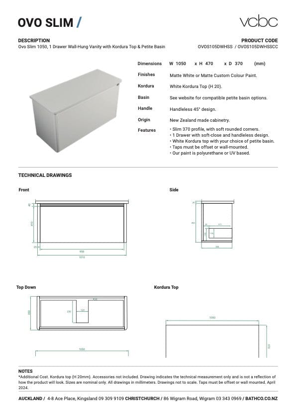 Bath Co Vanity VCBC Ovo Slim Vanity | 1 Drawer