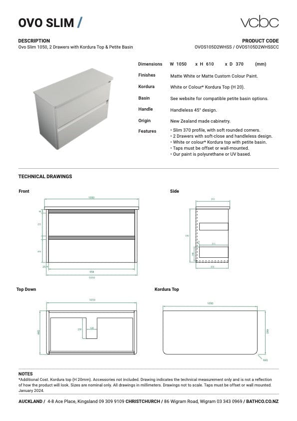 Bath Co Vanity VCBC Ovo Slim Vanity | 2 Drawer