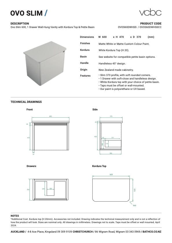 Bath Co Vanity VCBC Ovo Slim Vanity | 1 Drawer