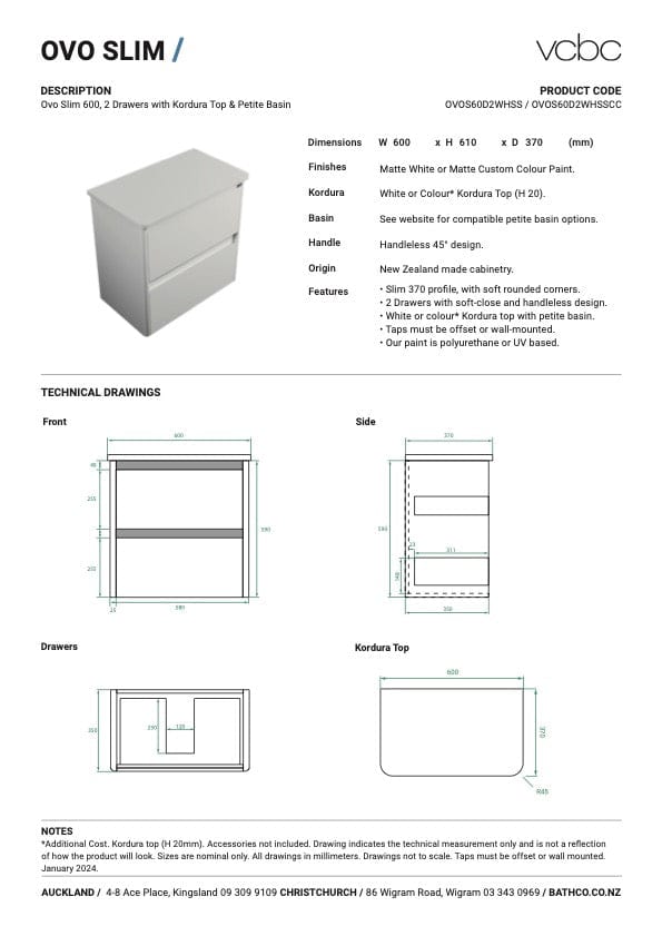 Bath Co Vanity VCBC Ovo Slim Vanity | 2 Drawer