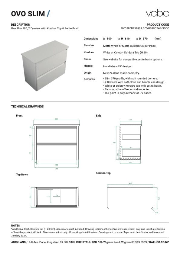 Bath Co Vanity VCBC Ovo Slim Vanity | 2 Drawer