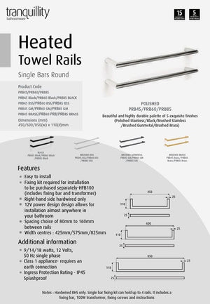 Tranquillity Heated Towel Bar Tranquillity Round Heated Towel Bar 850mm | Polished Stainless