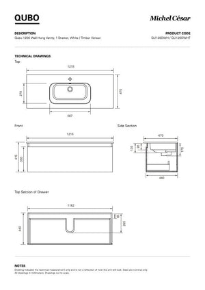 Bath & Co Vanity Michel César Qubo 1200 Vanity | Single Basin & 1 Drawer