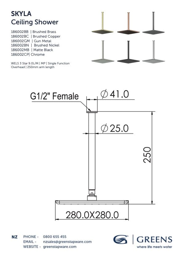 Greens shower Greens Swept Ceiling Shower Shower 280mm | Brushed Nickel