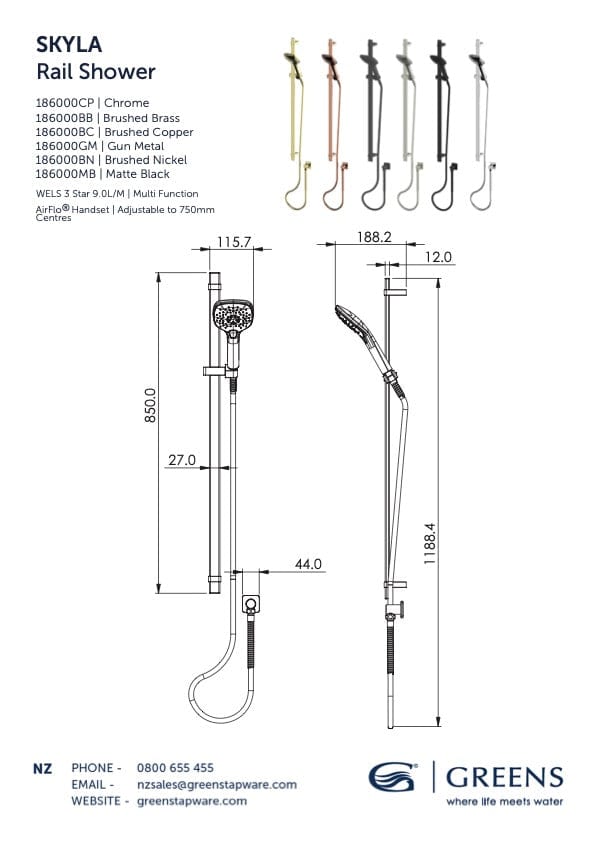 Greens shower Greens Skyla AirFlo Adjustable Rail Shower | Brushed Copper