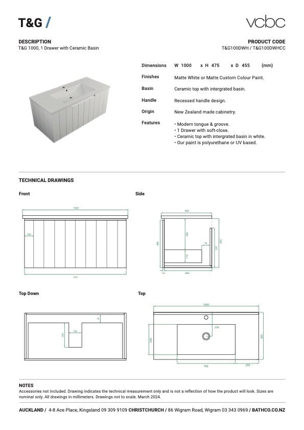 Bath Co Vanity VCBC T&G Vanity | 1 Drawer | Ceramic Basin