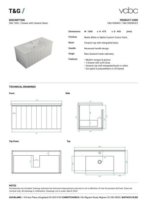 Bath Co Vanity VCBC T&G Vanity | 1 Drawer | Ceramic Basin