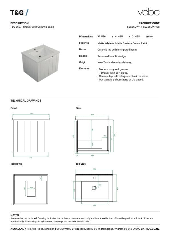 Bath Co Vanity VCBC T&G Vanity | 1 Drawer | Ceramic Basin