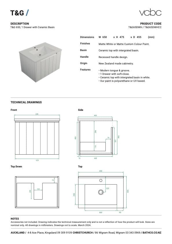 Bath Co Vanity VCBC T&G Vanity | 1 Drawer | Ceramic Basin