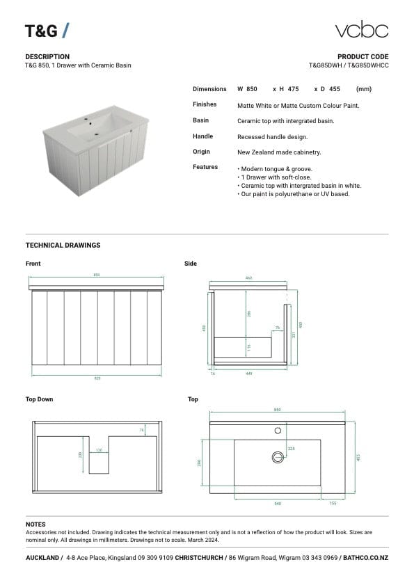 Bath Co Vanity VCBC T&G Vanity | 1 Drawer | Ceramic Basin