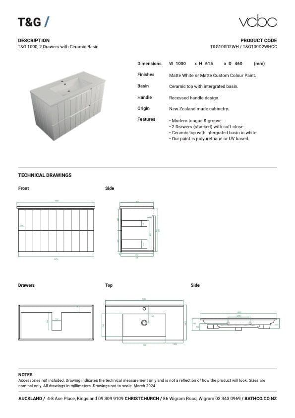 Bath Co Vanity VCBC T&G Vanity | 2 Drawer | Ceramic Basin