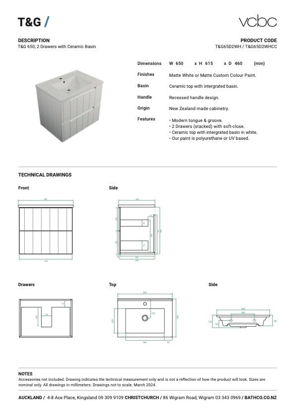 Bath Co Vanity VCBC T&G Vanity | 2 Drawer | Ceramic Basin