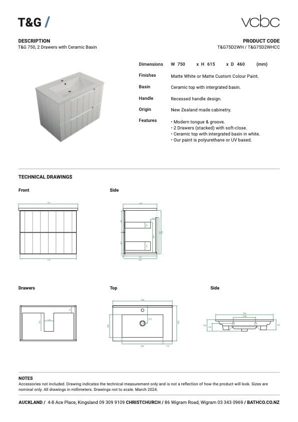 Bath Co Vanity VCBC T&G Vanity | 2 Drawer | Ceramic Basin