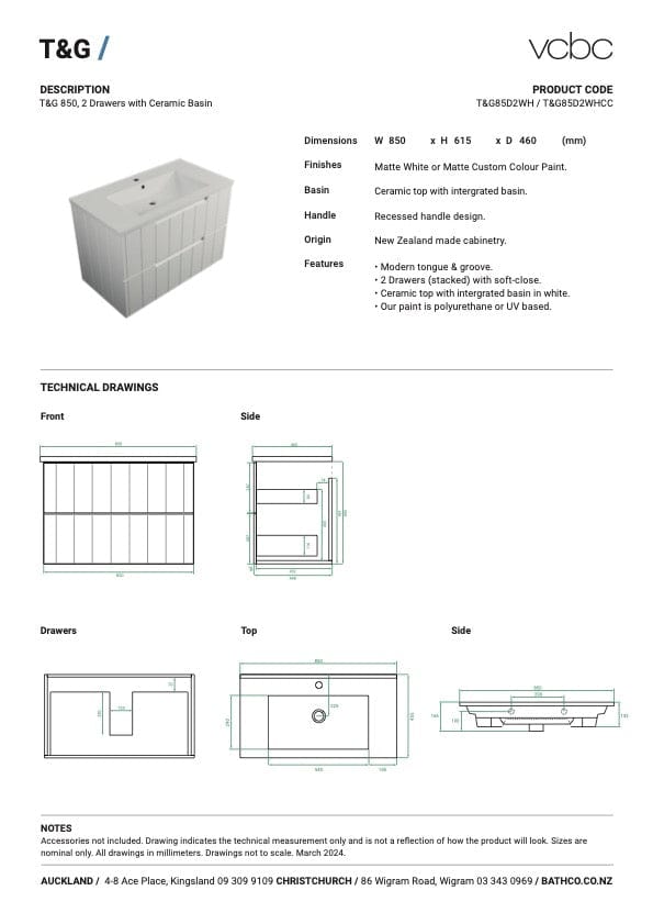 Bath Co Vanity VCBC T&G Vanity | 2 Drawer | Ceramic Basin