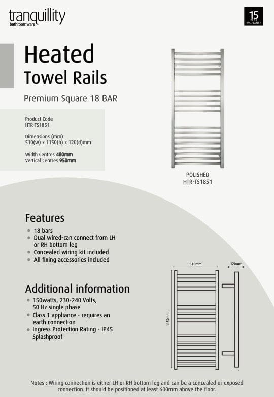 Tranquillity Heated Towel Ladder Tranquillity Premium Square Heated Towel Ladder 1150mm | Polished Stainless Right-Hand Cable / With Timer