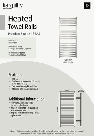 Tranquillity Heated Towel Ladder Tranquillity Premium Square Heated Towel Ladder 1150mm | Polished Stainless