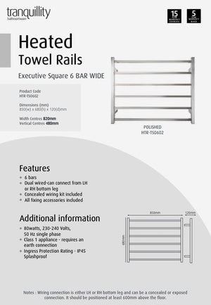 Tranquillity Heated Towel Ladder Tranquillity Executive Square Wide Heated Towel Ladder 680mm | Polished Stainless