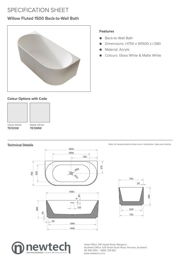 Newtech Bath Newtech Willow Back to Wall Bath 1500mm