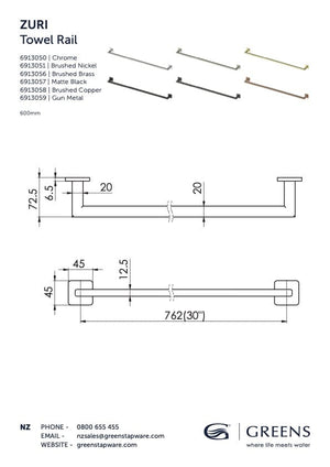 Greens Towel Rail Greens Zuri Single Towel Rail 762mm | Brushed Brass