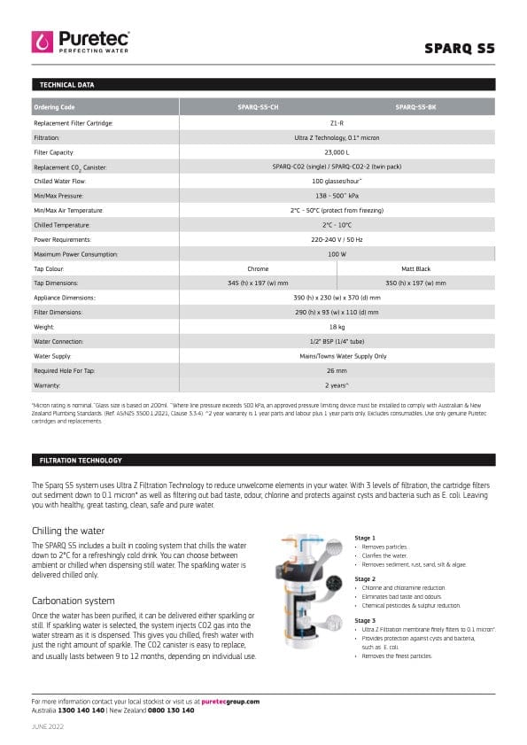 Puretec Filter Tap | Puretec Sparq S5 Filtered Sparkling + Chilled + Ambient Water Tap | Matte Black