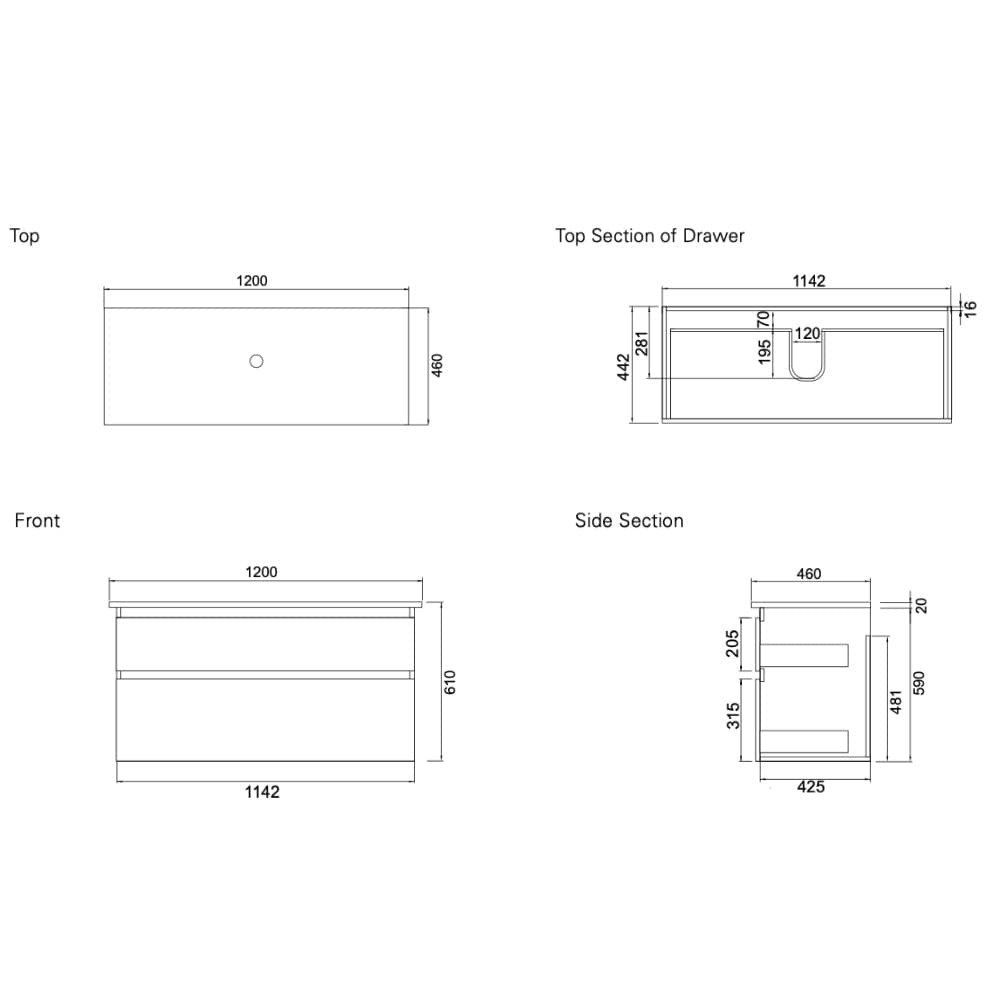 Bath & Co Vanity VCBC Soft Solid Surface 1200 Wall Vanity | 1 Basin + 2 Drawers