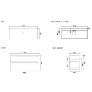 Bath & Co Vanity VCBC Soft Solid Surface 1200 Wall Vanity | 1 Basin + 2 Drawers