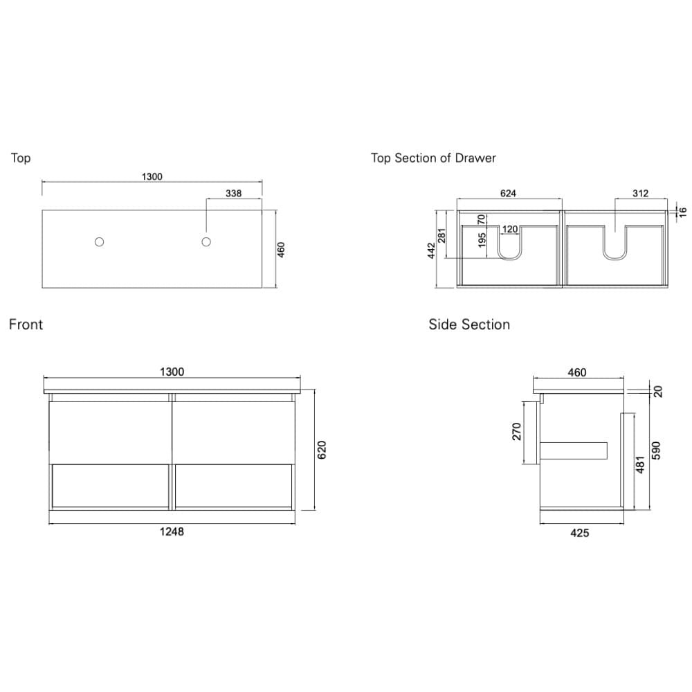 Bath & Co Vanity VCBC Soft Solid Surface 1300 Wall Vanity | 2 Basins, 2 Drawers + Shelves