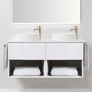 Bath & Co Vanity VCBC Soft Solid Surface 1300 Wall Vanity | 2 Basins, 2 Drawers + Shelves