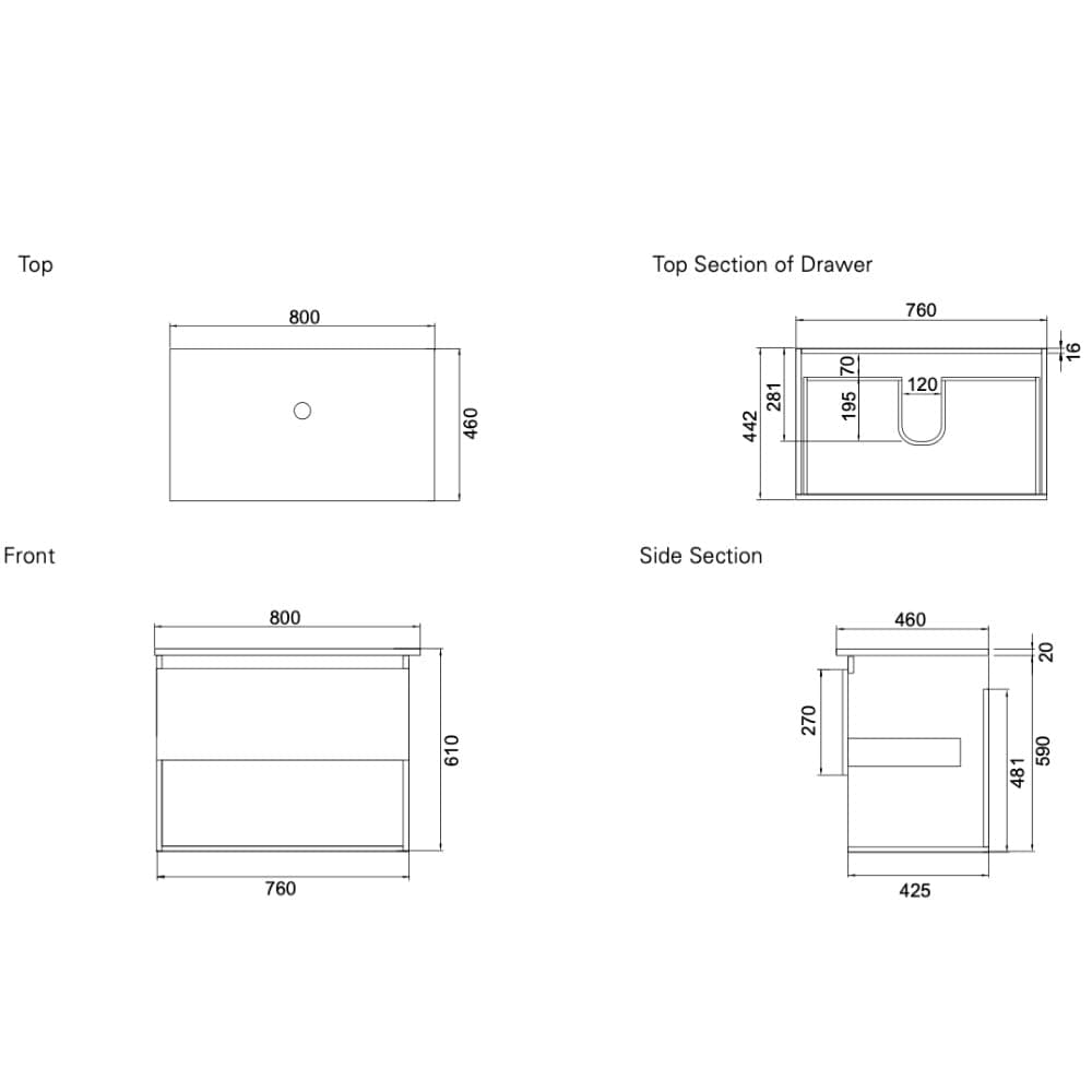 Bath & Co Vanity VCBC Soft Solid Surface 800 Wall Vanity | 1 Basin, 1 Drawer + Shelf