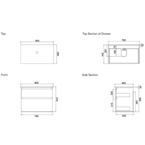 Bath & Co Vanity VCBC Soft Solid Surface 800 Wall Vanity | 1 Basin + 2 Drawers