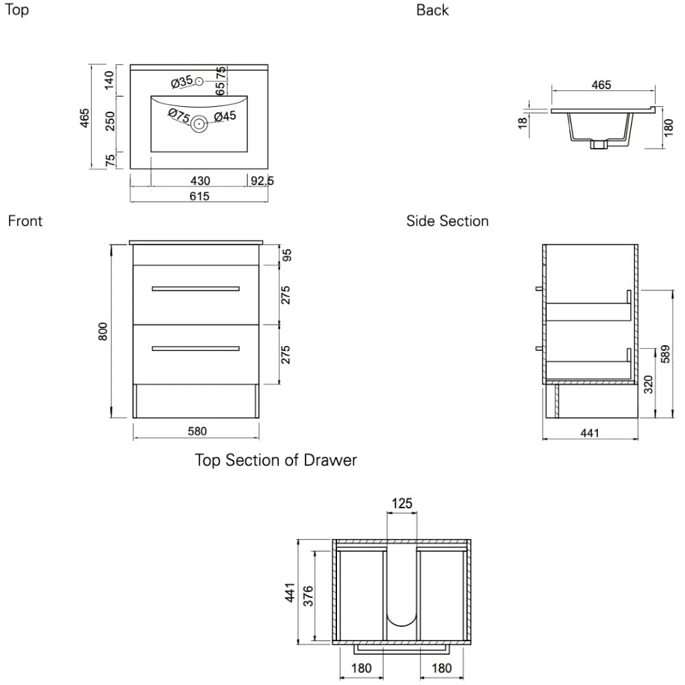 Bath & Co Vanity VCBC Zara 600 Floor Standing Vanity | 1 Basin + 2 Drawers