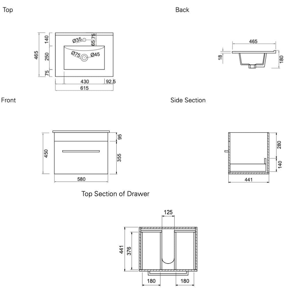 Bath & Co Vanity VCBC Zara 600 Wall-Hung Vanity | 1 Basin + 1 Drawer